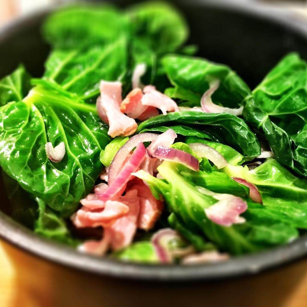 Sprout Tops with Bacon and Onion - Pinch of Nom Slimming Recipes