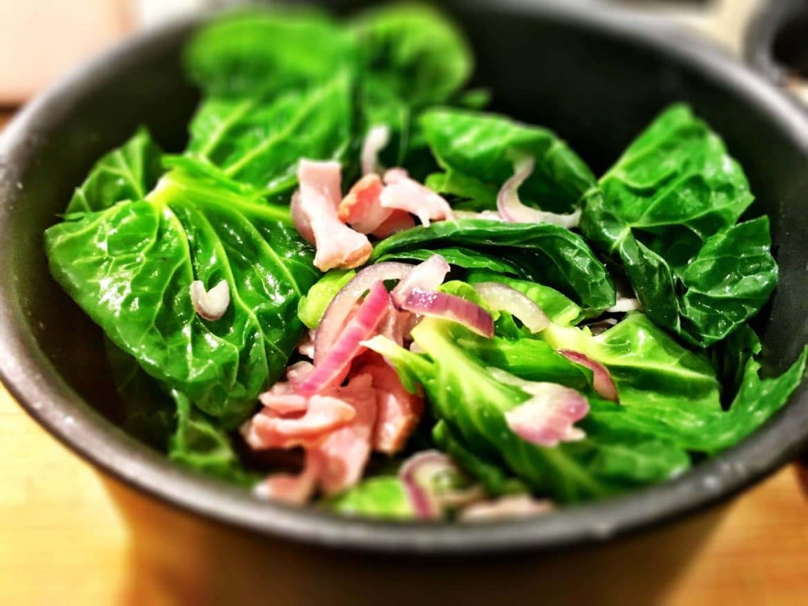 Sprout Tops with Bacon and Onion - Pinch of Nom Slimming Recipes