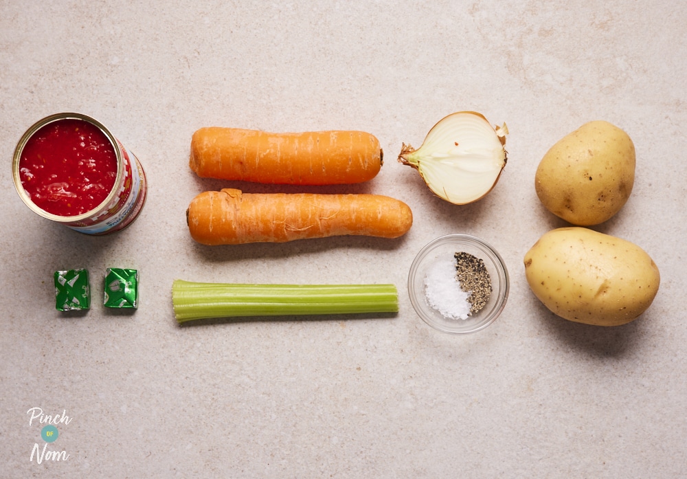 Speedy Tomato Soup ingredients on counter.