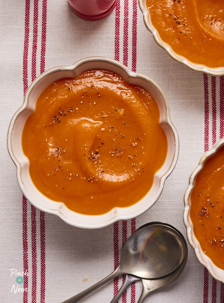Speedy Tomato Soup, served in bowls and seasoned with salt and pepper.