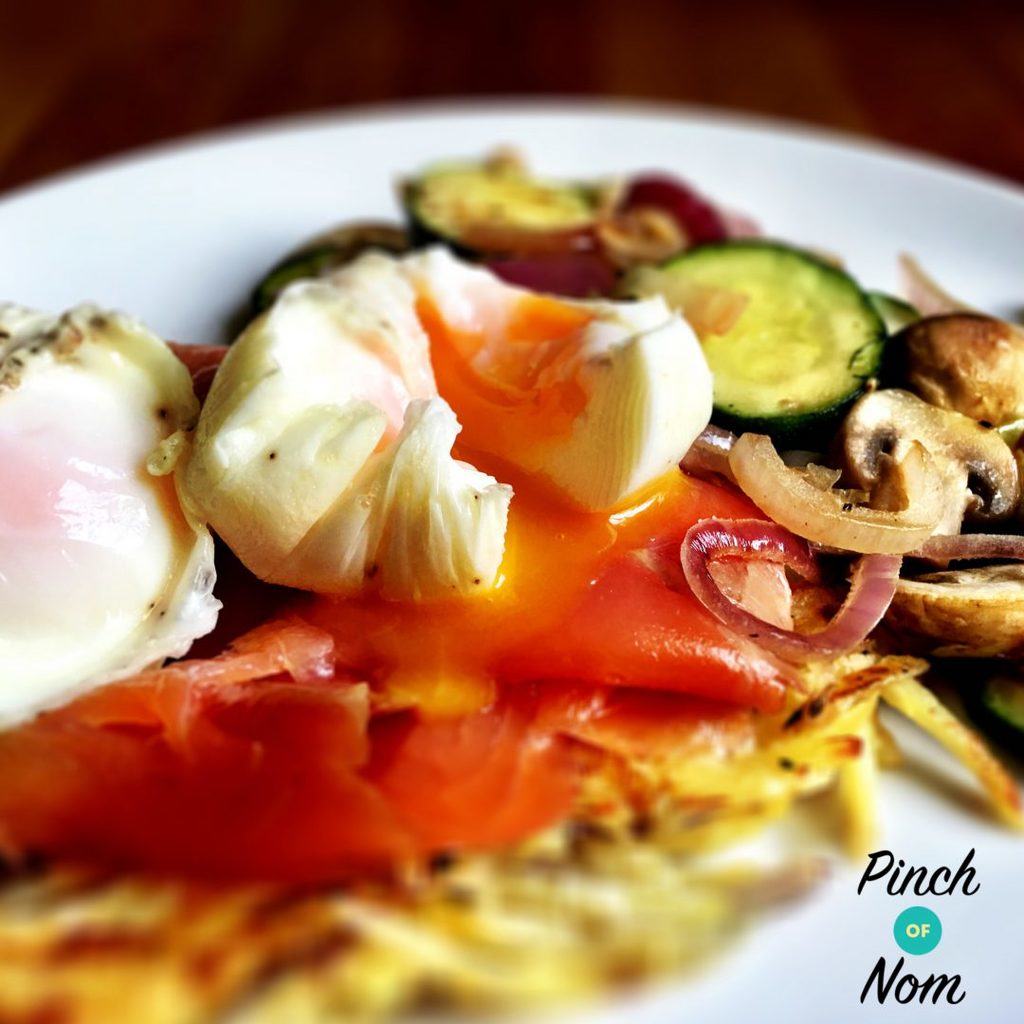 Smoked Salmon, Potato Rösti and Poached Eggs pinchofnom.com