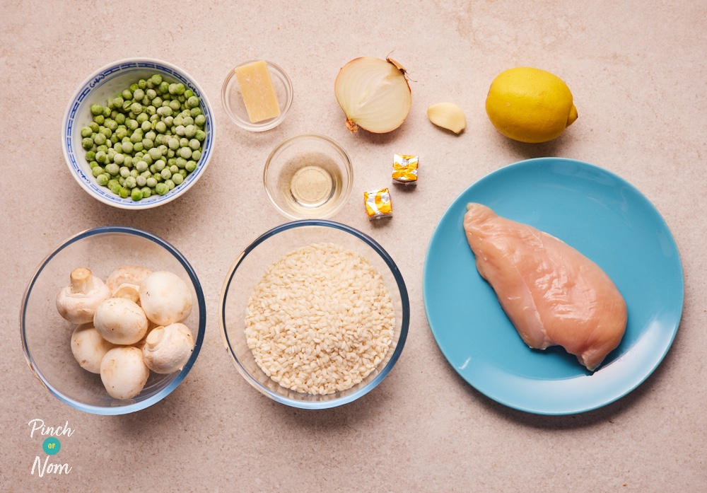 Chicken and Mushroom Risotto ingredients laid out on countertop.