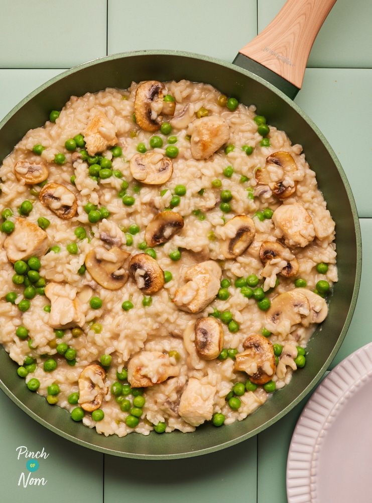 Chicken and Mushroom Risotto in large pan.