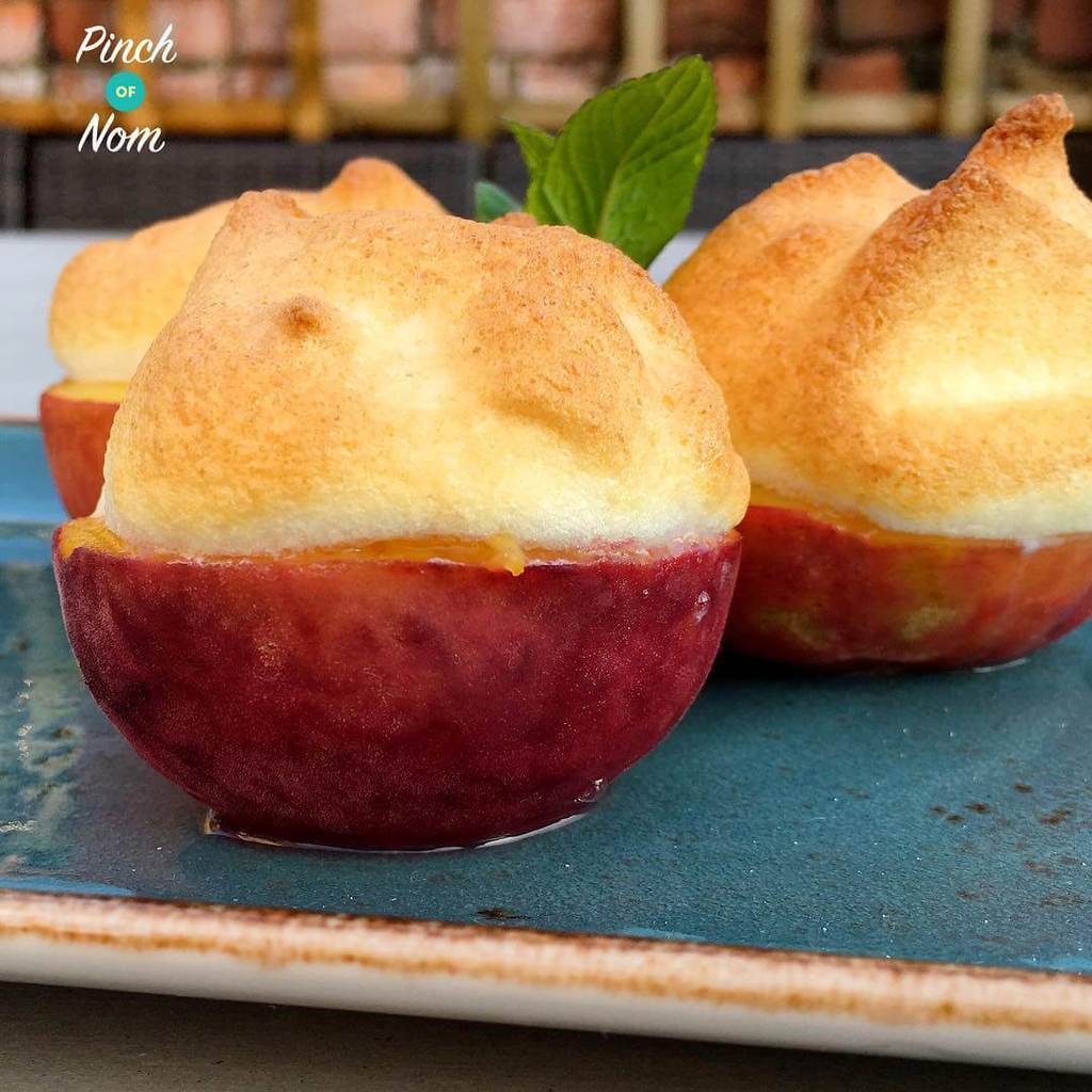 Baked Amaretto Peaches with Meringue pinchofnom.com