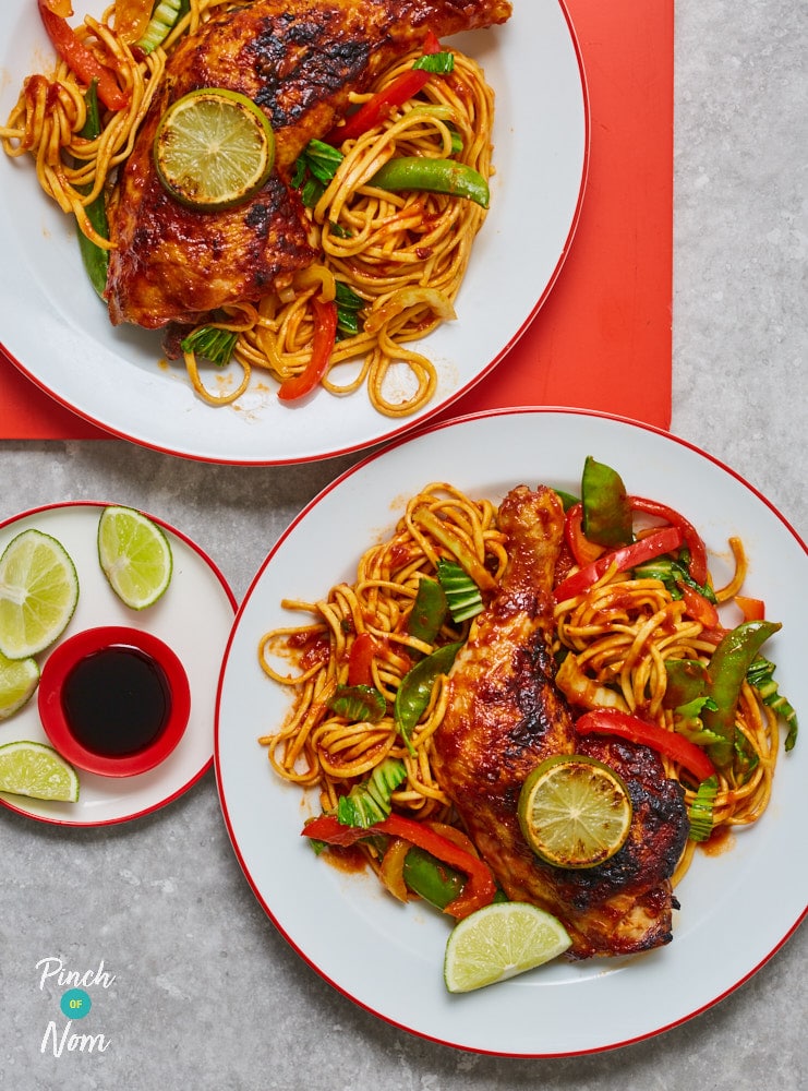 Sticky Chilli Chicken with Noodles pinchofnom.com