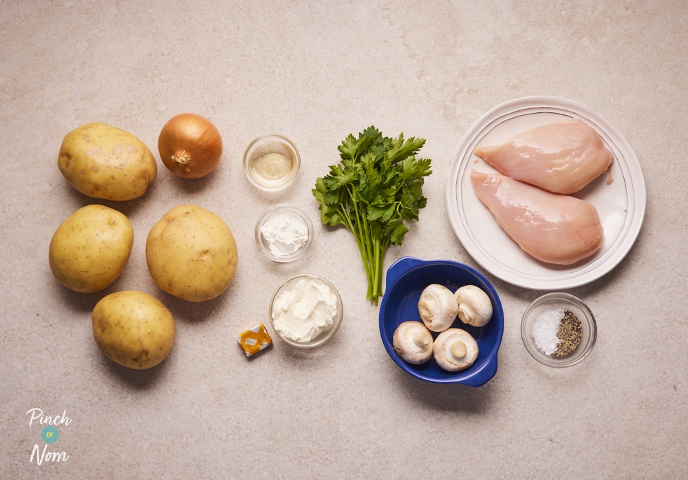 Ingredients for Chicken and Mushroom Cottage Pie Jackets laid out on counter.