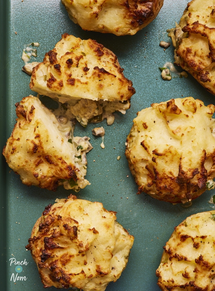 Chicken and Mushroom Cottage Pie Jackets, freshly baked and ready for serving.