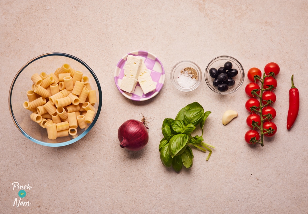 Ingredients for Chilli and Garlic Pasta laid out on a table.