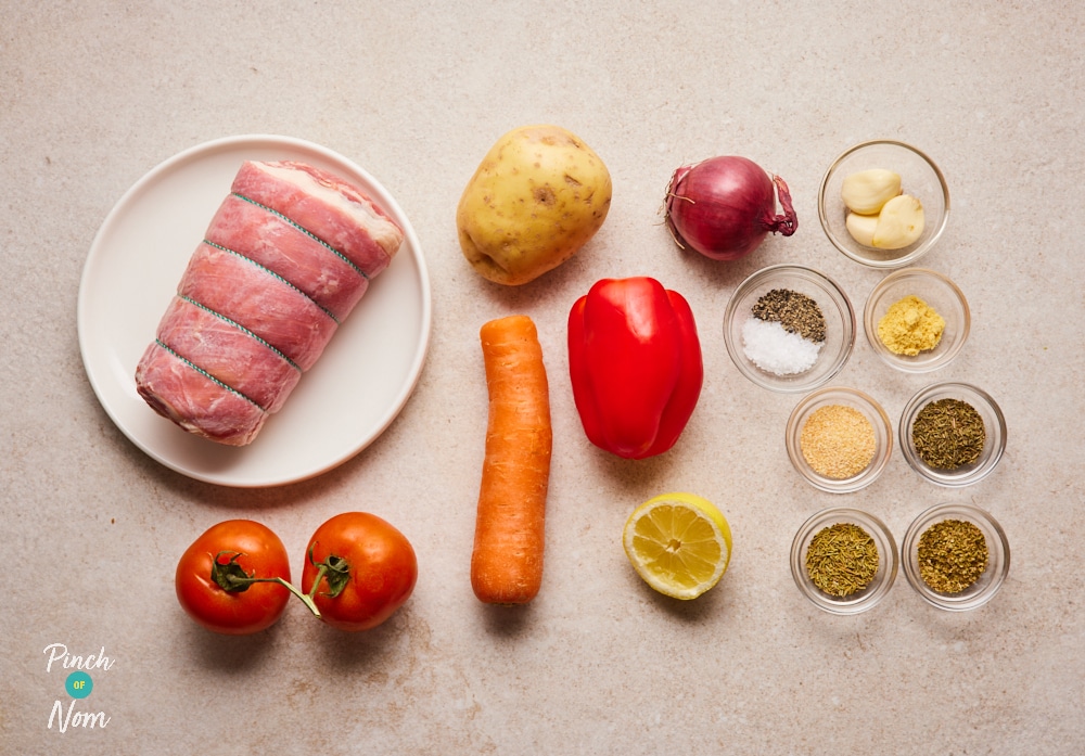 The raw ingredients for Pinch of Nom's slimming-friendly Kleftiko Lamb are laid out on a kitchen counter, ready to begin cooking.