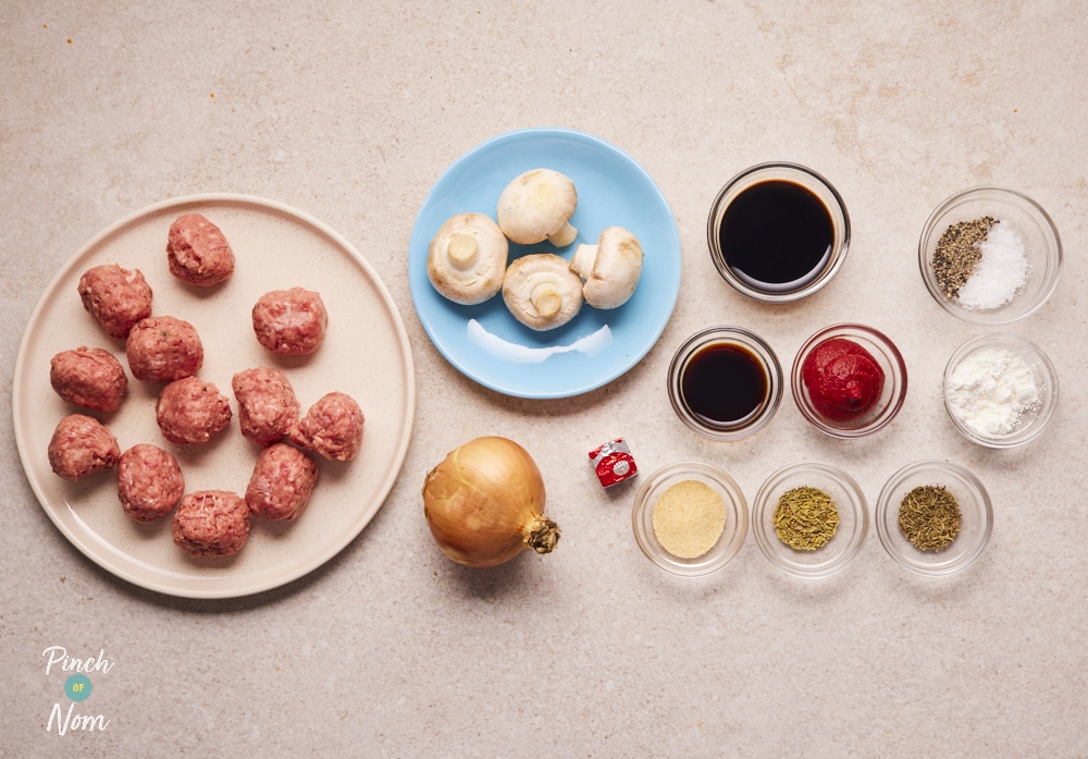 Ingredients for Meatballs and Gravy laid out on counter.