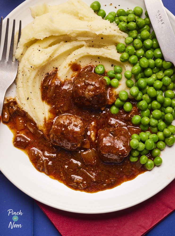 Meatballs and Gravy, plated and ready for serving.