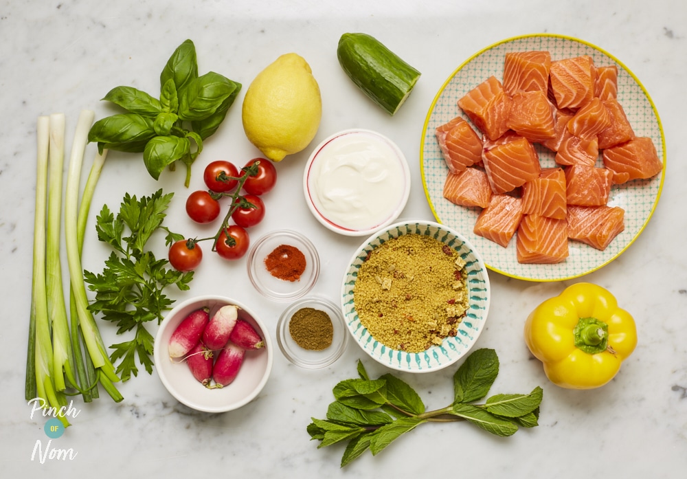 Moroccan Salmon Skewers with Cous Cous - Pinch of Nom Slimming Recipes