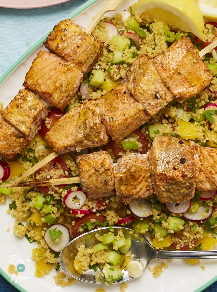 Moroccan Salmon Skewers with Cous Cous - Pinch of Nom Slimming Recipes
