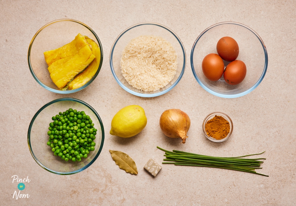 Kedgeree ingredients laid out on countertop.