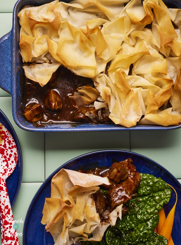 Steak and Mushroom Pie, baked and ready for serving.