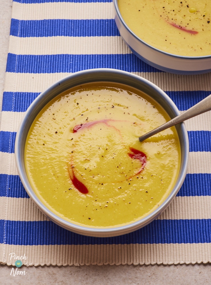 Curried Apple and Parsnip Soup served in bowls.