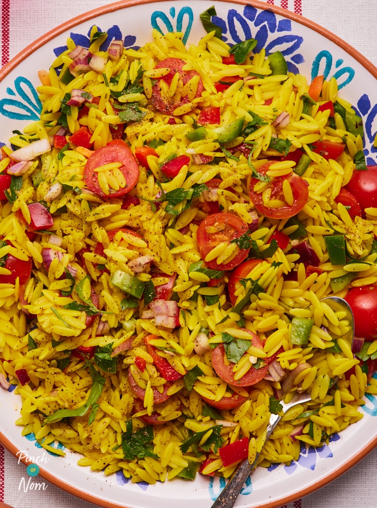 Pinch of Nom's colourful, slimming-friendly Orzo Primavera Pasta Salad.