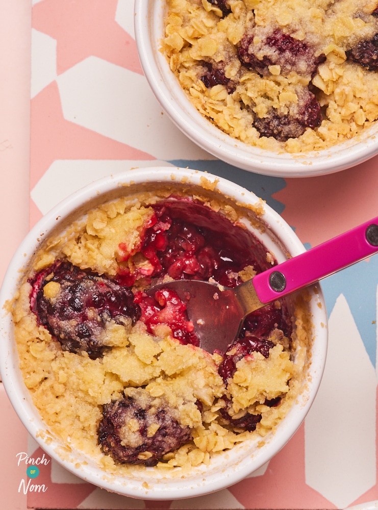 Apple and Blackberry Crumble in a ramekin