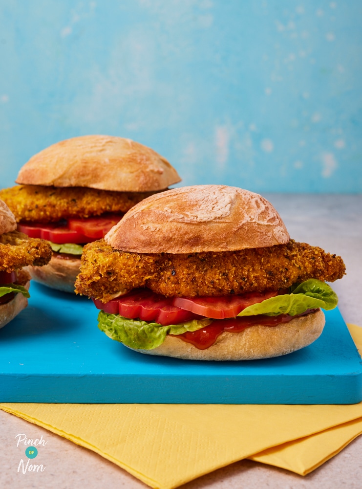 Spicy Crispy Chicken Stack served on a blue board