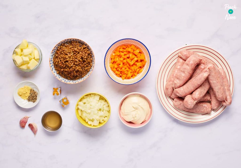 Sausages with Creamy Lentils - Pinch of Nom Slimming Recipes