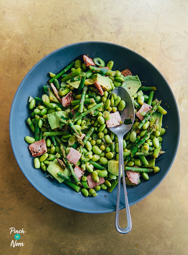 Avocado, Asparagus, Soya Bean and Bacon Salad pinchofnom.com