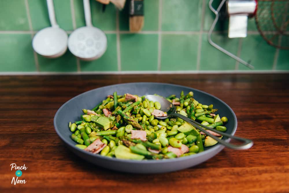 Avocado, Asparagus, Soya Bean and Bacon Salad - Pinch of Nom Slimming Recipes