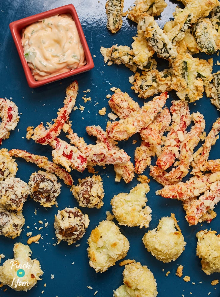 Baked Vegetable Tempura with Spicy Dip pinchofnom.com