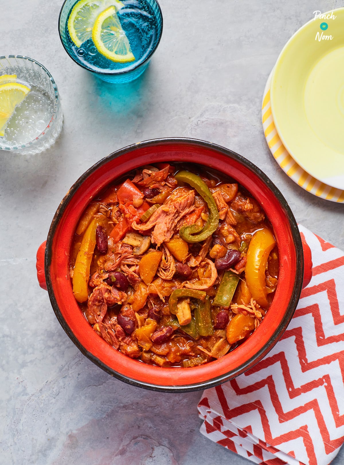 A large oven dish is filled with Pinch of Nom's slimming-friendly Campfire Stew.