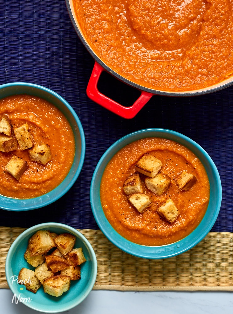 Cream of Tomato Soup and Croutons pinchofnom.com