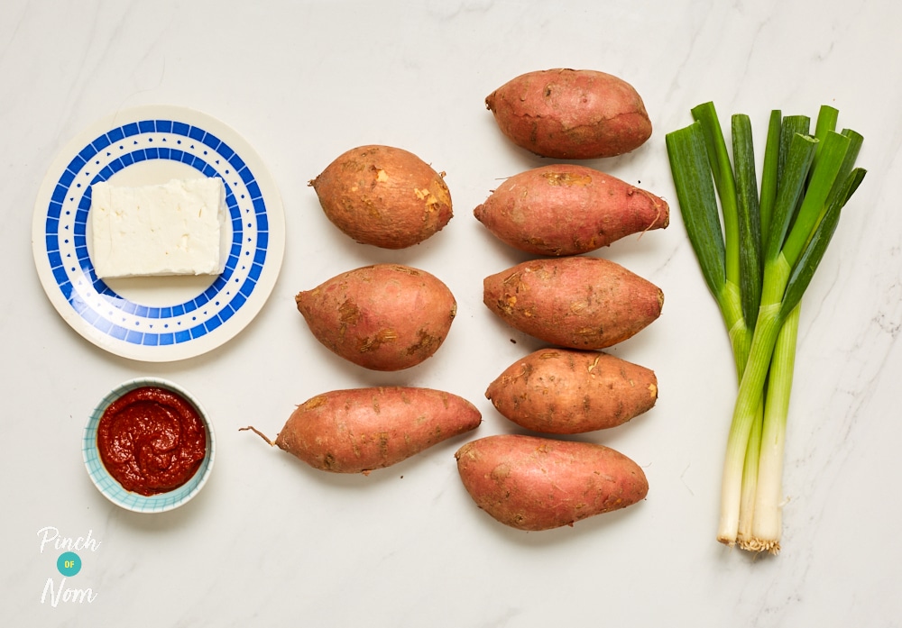 Sweet Potatoes with Feta and Harissa - Pinch of Nom Slimming Recipes