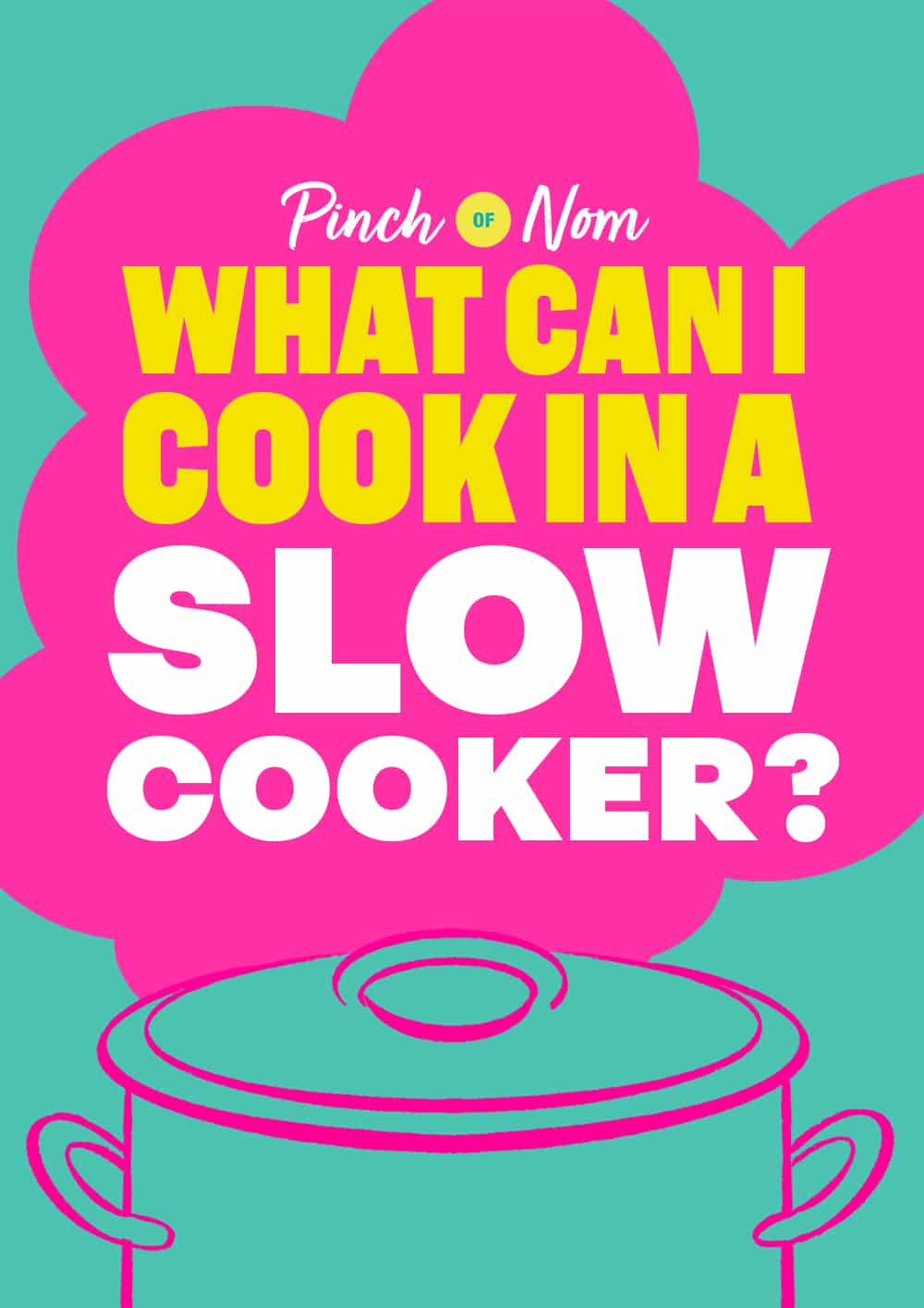 The words 'What can I cook in a slow cooker?' are shown bright and colourful in a cloud of steam, above an illustration of a slow cooker.