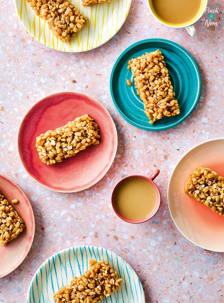 Salted Caramel Rice Krispie Bars pinchofnom.com