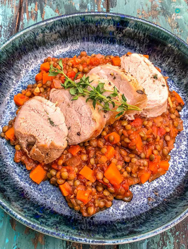 Pork on Balsamic Lentils pinchofnom.com