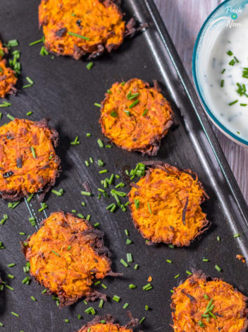Sweet Potato Rostis with Sour Cream and Chive Dip pinchofnom.com