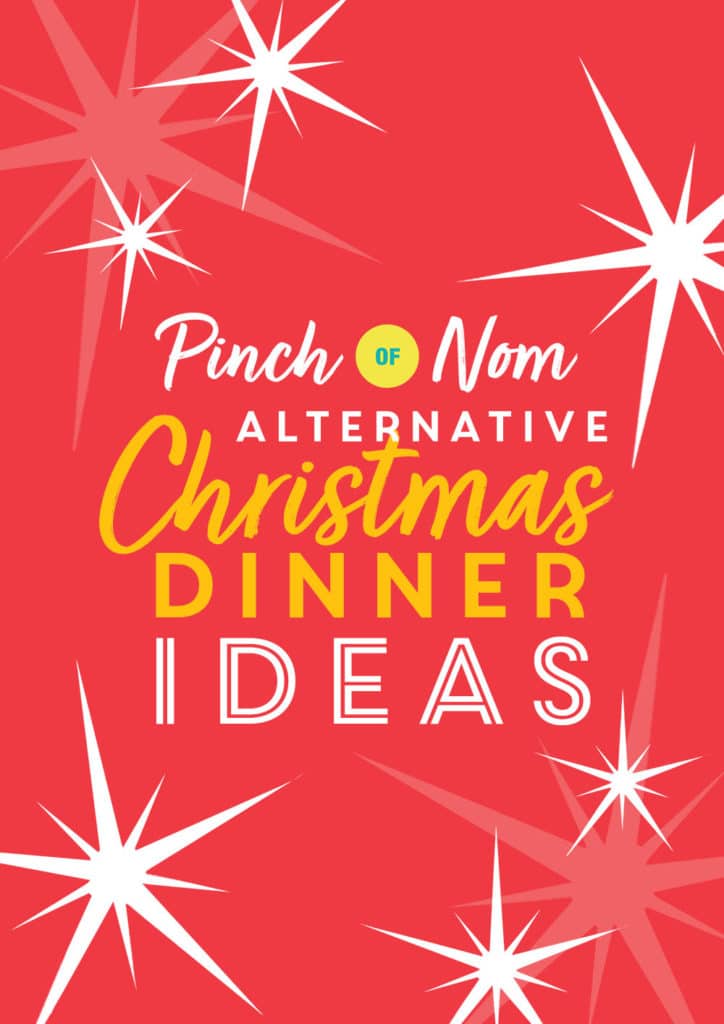 'Alternative Christmas Dinner Ideas' is in bold on a bright red background decorated with illustrated sparkles.