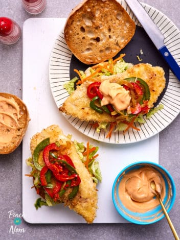 Air Fryer Salt and Pepper Chicken Burgers pinchofnom.com