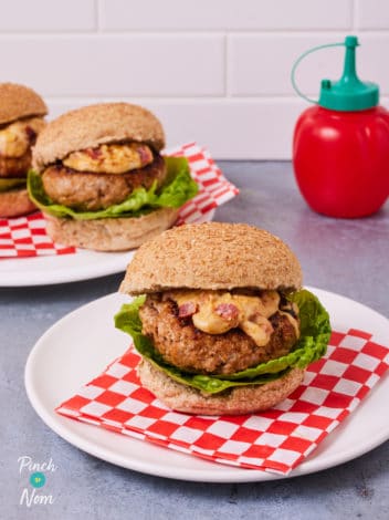 Melty Bacon and Cheese Pork Burgers pinchofnom.com