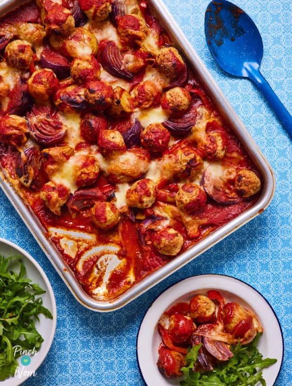 Margherita Meatball Traybake pinchofnom.com