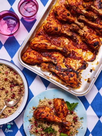 Moroccan Style Chicken Drumsticks with Mint Couscous pinchofnom.com