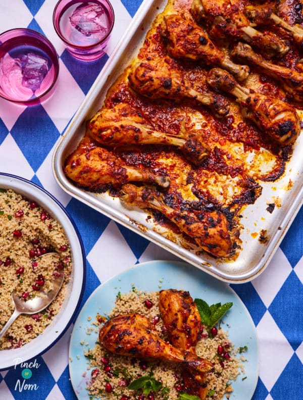 Moroccan Style Chicken Drumsticks with Mint Couscous pinchofnom.com