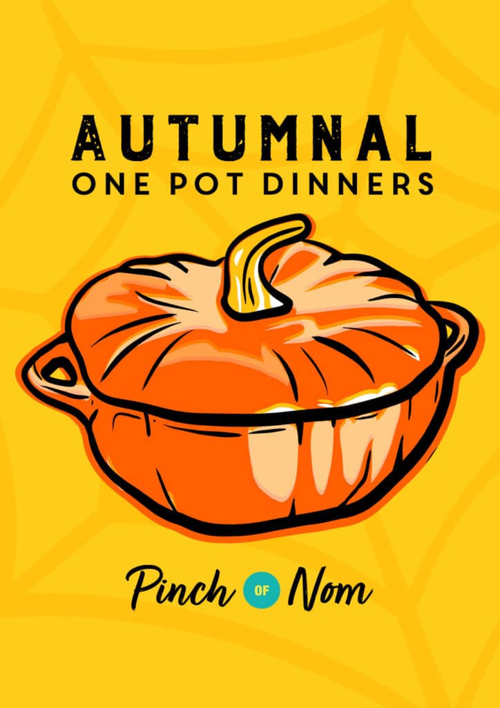 The words 'Autumnal One-Pot Dinners' are on a bright yellow background above a pumpkin-shaped cooking pot, with the Pinch of Nom logo at the bottom of the image.