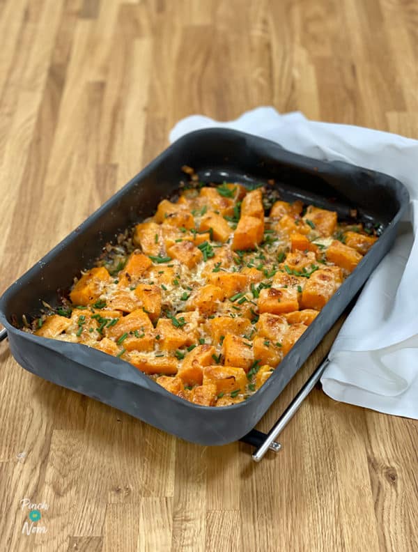 Cheesy Garlic Sweet Potato pinchofnom.com