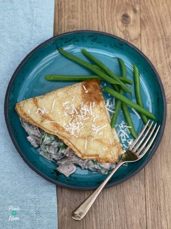 Creamy Bacon and Mushroom Pancakes pinchofnom.com