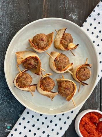 Stuffed Meatball Tortilla Skewers pinchofnom.com