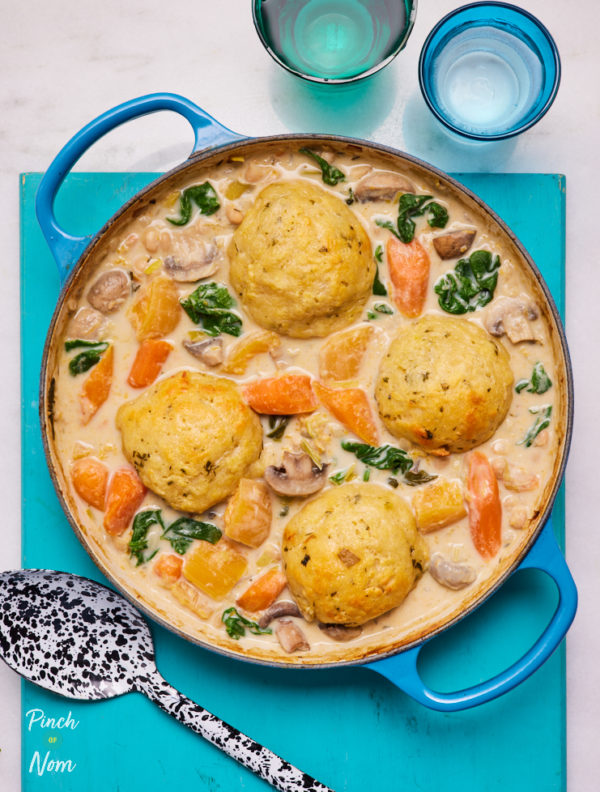Slow Cooker Vegetable Stew with Cheesy Dumplings pinchofnom.com