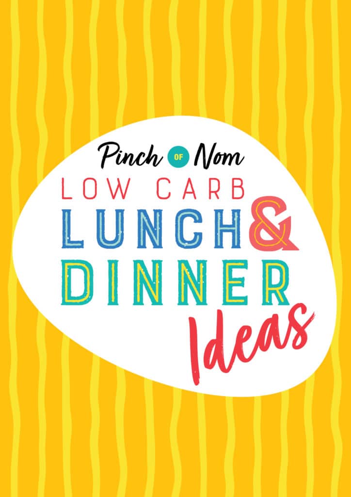 The words 'Low Carb Lunch and Dinner Ideas' are presented in a white bubble against a bright yellow striped background beneath the Pinch of Nom logo.
