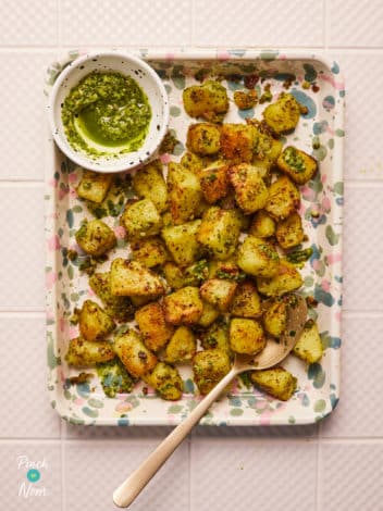 Air Fryer Pesto Roast Potatoes pinchofnom.com