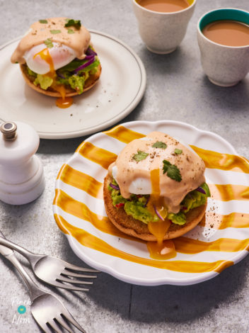 Avocado Salsa Eggs Florentine pinchofnom.com