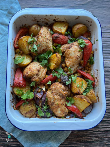 Bombay-Style Potato and Chicken Tray Bake pinchofnom.com