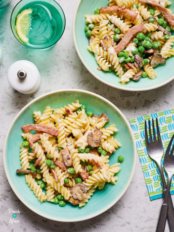 Creamy Pasta with Bacon, Peas and Mushrooms pinchofnom.com